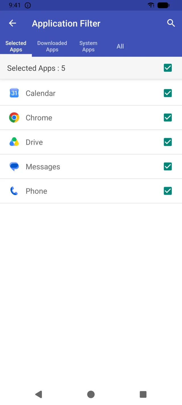 Application filter screen with selected apps
