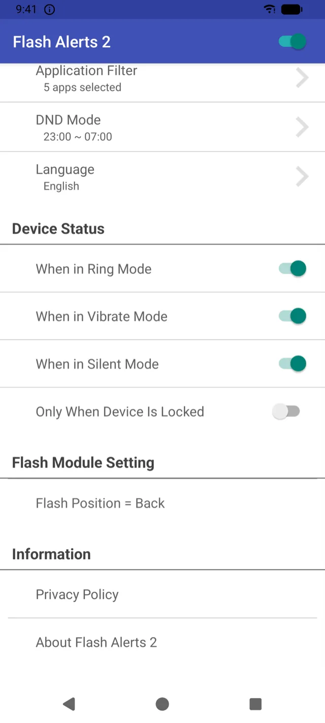 Device status settings for ring, vibrate and silent mode