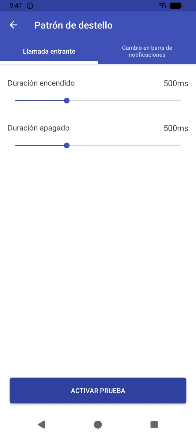 Pantalla de ajustes del patrón de destello