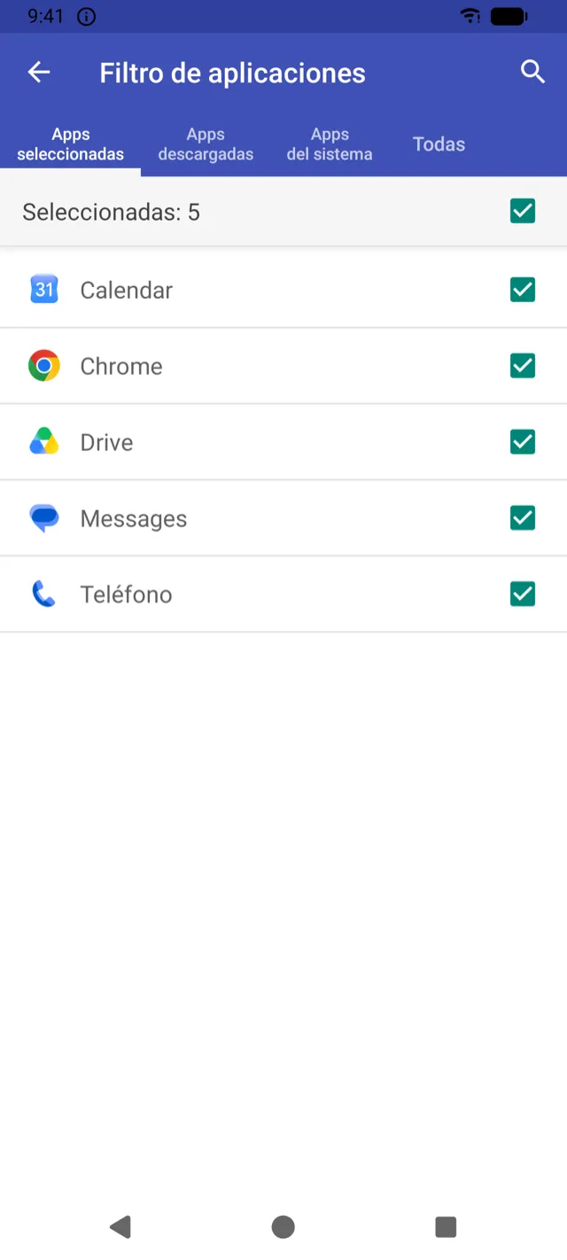 Pantalla del Filtro de aplicaciones con apps seleccionadas