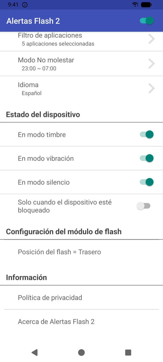Ajustes de estado del dispositivo para los modos timbre, vibración y silencio