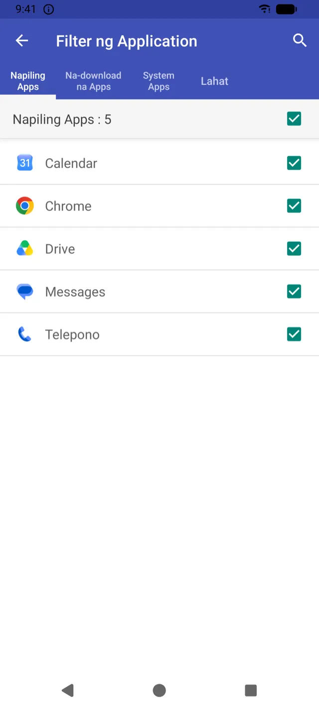 Screen ng Filter ng Application na may mga napiling app