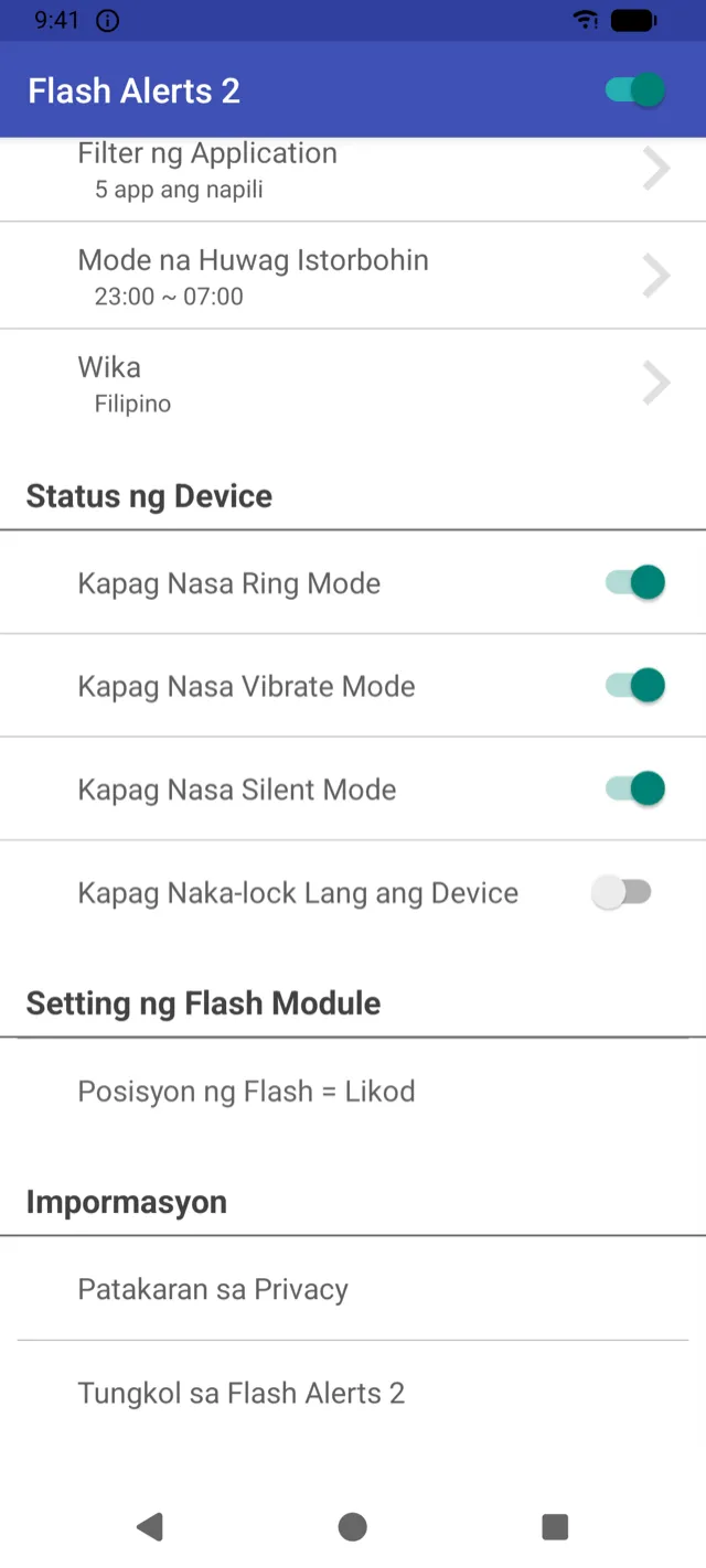 Setting ng Status ng Device para sa ring, vibrate at silent mode