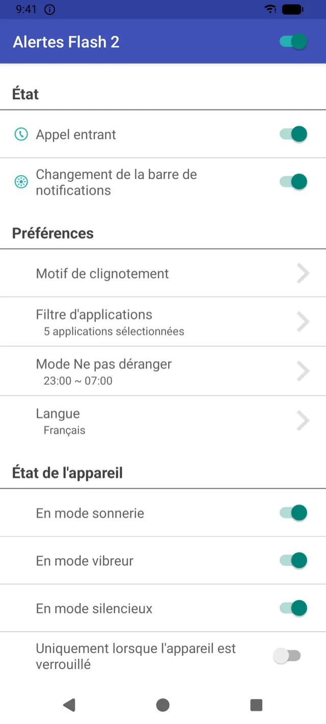 Écran principal d’Alertes Flash 2 avec les interrupteurs des appels et des notifications