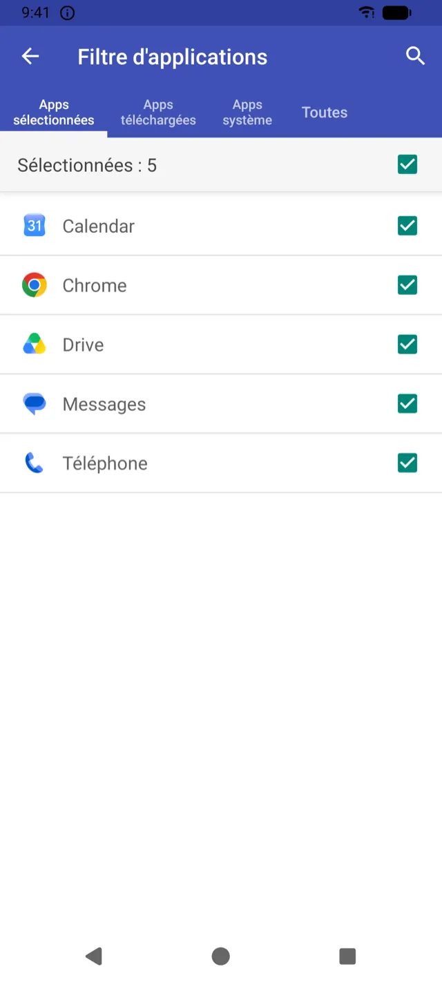 Écran du Filtre d’applications avec des apps sélectionnées