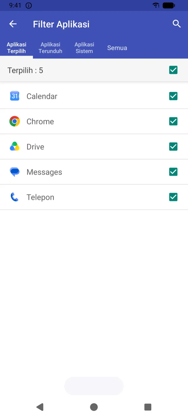 Layar Filter Aplikasi dengan aplikasi terpilih