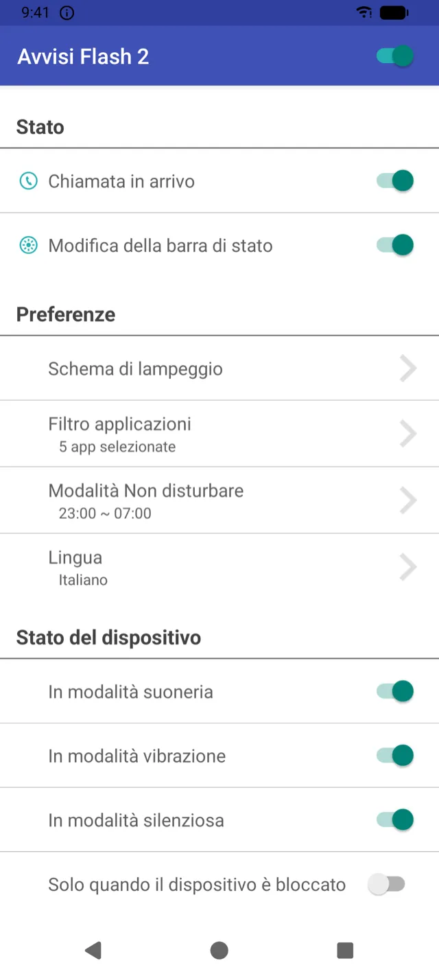Schermata principale di Avvisi Flash 2 con gli interruttori per chiamate e notifiche