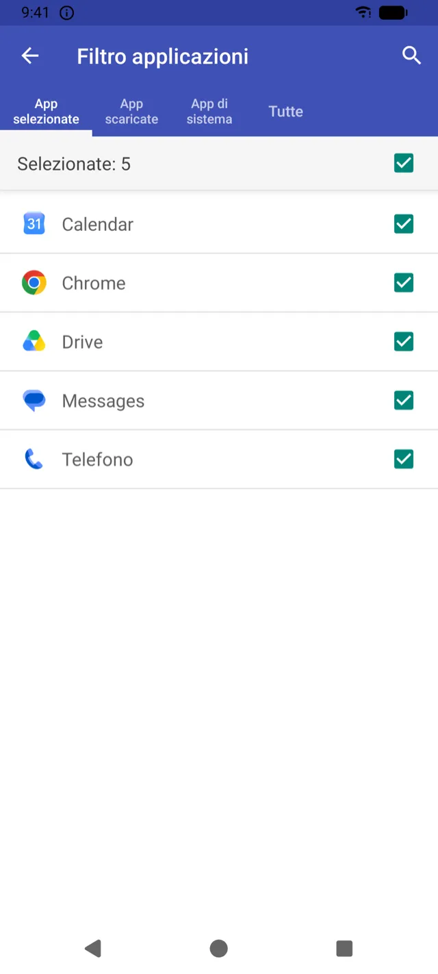 Schermata Filtro applicazioni con le app selezionate