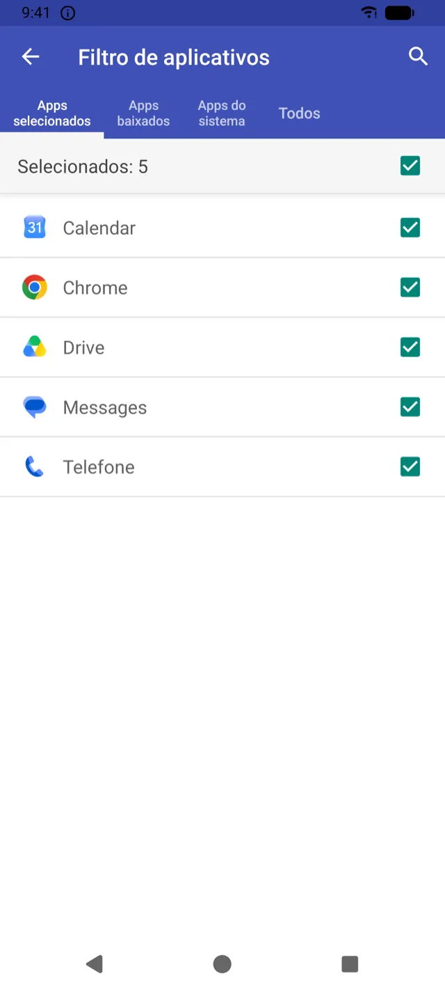 Tela do Filtro de aplicativos com apps selecionados