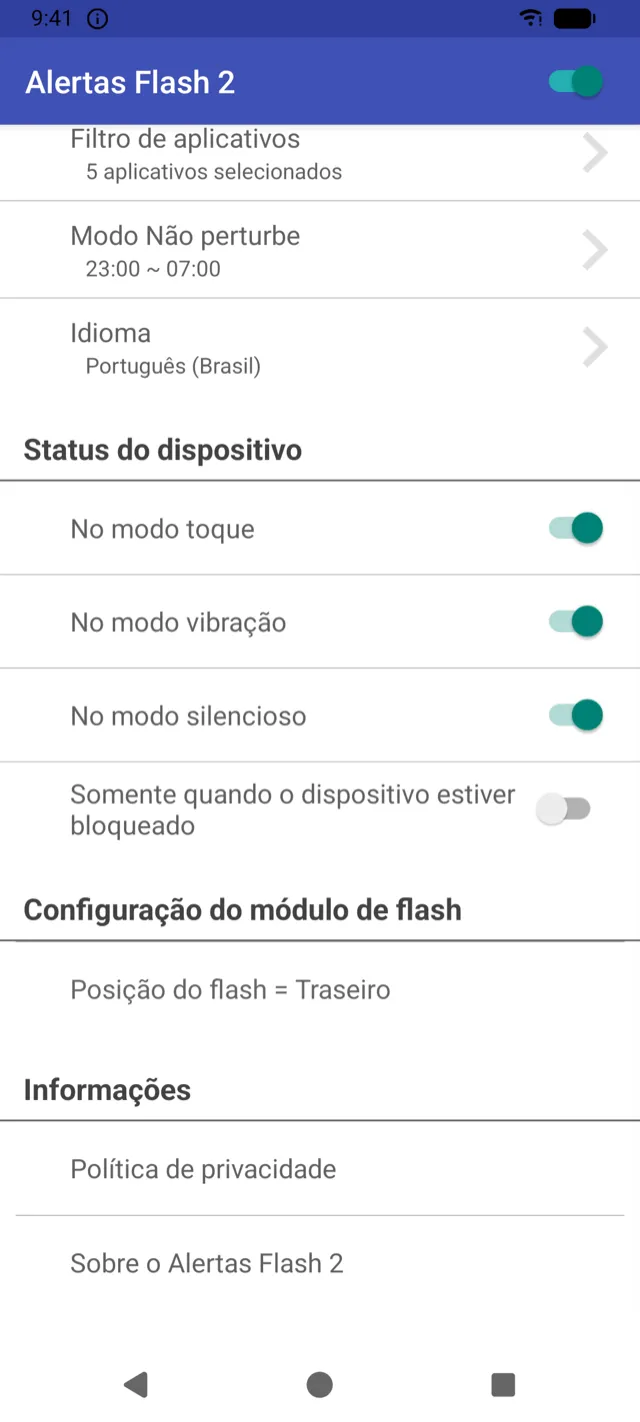 Configurações de status do dispositivo para os modos toque, vibração e silencioso
