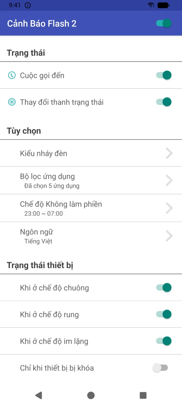 Màn hình chính của Cảnh Báo Flash 2 với công tắc cuộc gọi và thông báo